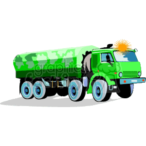 The clipart image depicts a green dump truck, a type of heavy construction equipment. The truck features a large truck bed for transporting materials and has six wheels. There is a sun design on the back of the truck bed.