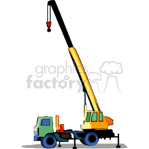 This clipart image depicts a mobile crane mounted on a truck chassis. It features a long, telescoping boom, stabilizer legs, and a hook at the end of the boom, indicating its purpose for lifting and moving heavy loads at construction sites.