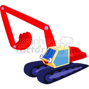 This clipart image features a stylized excavation machine, commonly known as an excavator. It has a cartoonish appearance with exaggerated features like googly eyes. The excavator is depicted with a red articulated boom, a bucket, and a cab mounted on tracks.