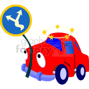 The clipart image depicts a cartoonish red car with a dazed expression, indicated by stars circling above its 'head.' The windshield is cracked, and the car looks slightly damaged, suggesting it has been in an accident. Behind the car is a street sign with an arrow showing a winding road, which also appears to be damaged and bent, perhaps implying that the car didn't navigate the turn properly, leading to the accident.