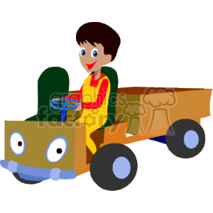 The clipart image shows a cartoonish portrayal of a child driving a stylized, toy-like dump truck. The dump truck has a friendly face on the front, suggesting it is designed to appear approachable and fun for children. The child in the image is wearing a yellow and red outfit and appears to be happily steering the vehicle.