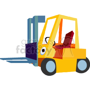 The clipart image depicts a colorful cartoon forklift. The forklift is primarily yellow with a red seat and blue and purple details. It has a pair of lifting forks attached to the front, which is typical of this kind of heavy construction equipment used for transporting and lifting materials.