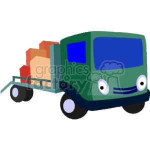 The clipart image depicts a stylized and cartoonish representation of a green flatbed truck. The truck has a friendly face on the front, suggesting it's designed for children. It is loaded with what appears to be brown packages or cargo.