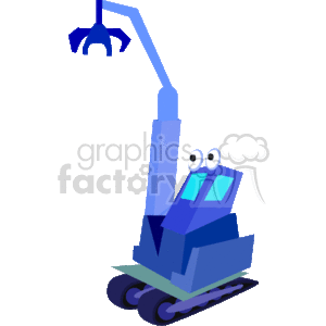 The clipart image depicts a stylized cartoon of a crane or hoisting machinery. It appears to be a mobile crane with caterpillar tracks for movement, a simple body structure, and an extended boom with a claw-like mechanism at the end for grabbing objects. The crane also has two large eyes, giving it a character-like appearance.