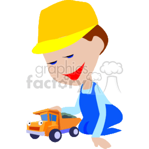 This clipart image depicts a cartoon of a smiling young boy wearing a yellow construction hat and blue overalls, playing with an orange cartoon-style dump truck. The boy appears to be happy and engaged with his toy truck.