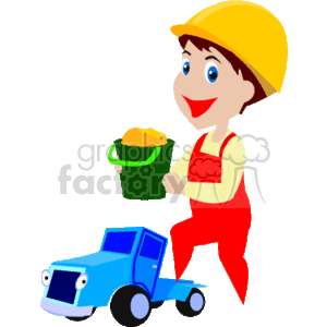 The clipart image shows a cartoon of a smiling boy wearing a construction helmet and red overalls. He is holding a green bucket filled with what appears to be sand. Next to him, there is a blue toy dump truck. The scene suggests imaginative play related to construction or building.