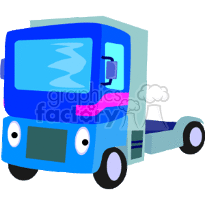 The clipart image depicts a semi-truck (tractor-trailer) cab without the trailer attached. It is designed in a simplistic, cartoon-like style with basic shapes and a limited color palette featuring shades of blue and a pink accent.