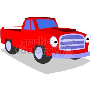 The image is a simple clipart illustration of a red pickup truck. The truck is depicted from a perspective view showing the front and the side. It has a classic body design with a prominent front grille, headlights, and side mirrors. It appears to have a short bed in the back, characteristic of a pickup truck.