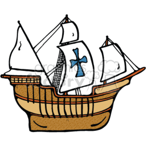 The clipart image depicts a stylized classical pirate ship with multiple sails. On one of the sails, there's a prominent symbol resembling an iron cross. The ship is designed in a simplified, cartoon-like manner suitable for a range of casual or educational purposes, showing features such as the hull, deck, and rigging that are typical of historical sailing ships that might be used by pirates or explorers.