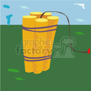 The image depicts a bundle of dynamite sticks tied together with a visible fuse, set against a background that seems to represent the outdoors with a blue sky and green ground. The illustrated dynamite has a classic cartoon appearance with cylindrical yellow sticks and purple bands holding them together, and the fuse appears to be lit with a small red spark at the end.