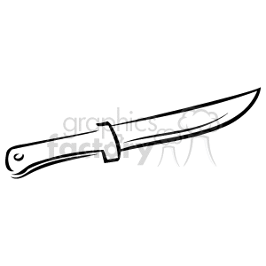 The image is a simple black and white line art illustration of a knife. It features a long blade with a pointed tip, a guard, and a handle with rivets.