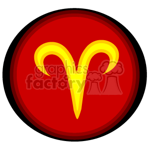 The clipart image shows a stylized representation of the Aries zodiac symbol. The symbol, which looks like a simplified ram's horns, is depicted in a golden yellow color against a red circular background with a black outline.