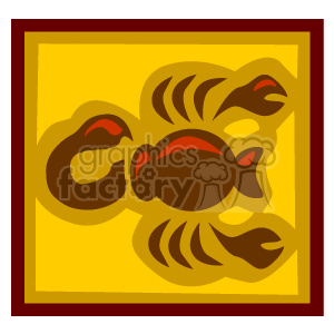 This is a stylized clipart image of the Scorpio zodiac sign, featuring an abstract design of a scorpion. The image uses a limited color palette, mainly consisting of shades of brown and red, within a decorative border.