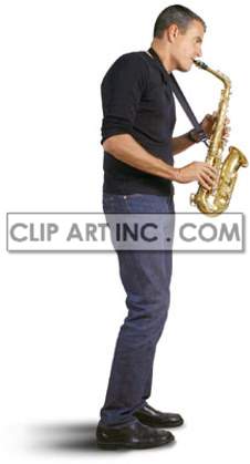 The image shows a man playing a saxophone. He is wearing a dark colored shirt and has his mouth open, playing the instrument. 