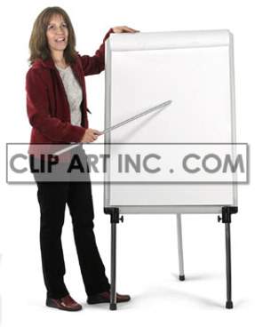 The image shows a woman in red and black, standing in front of a whiteboard, pointing with a stick. The whiteboard is propped up on an easel. 