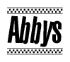 The clipart image displays the text Abbys in a bold, stylized font. It is enclosed in a rectangular border with a checkerboard pattern running below and above the text, similar to a finish line in racing. 