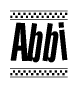 The clipart image displays the text Abbi in a bold, stylized font. It is enclosed in a rectangular border with a checkerboard pattern running below and above the text, similar to a finish line in racing. 