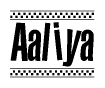 The clipart image displays the text Aaliya in a bold, stylized font. It is enclosed in a rectangular border with a checkerboard pattern running below and above the text, similar to a finish line in racing. 