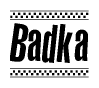 The image contains the text Badka in a bold, stylized font, with a checkered flag pattern bordering the top and bottom of the text.