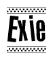 The image contains the text Exie in a bold, stylized font, with a checkered flag pattern bordering the top and bottom of the text.