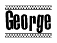 The image is a black and white clipart of the text George in a bold, italicized font. The text is bordered by a dotted line on the top and bottom, and there are checkered flags positioned at both ends of the text, usually associated with racing or finishing lines.