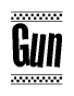 The clipart image displays the text Gun in a bold, stylized font. It is enclosed in a rectangular border with a checkerboard pattern running below and above the text, similar to a finish line in racing. 