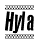 The image is a black and white clipart of the text Hyla in a bold, italicized font. The text is bordered by a dotted line on the top and bottom, and there are checkered flags positioned at both ends of the text, usually associated with racing or finishing lines.