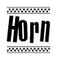 The image is a black and white clipart of the text Horn in a bold, italicized font. The text is bordered by a dotted line on the top and bottom, and there are checkered flags positioned at both ends of the text, usually associated with racing or finishing lines.
