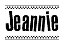 The image contains the text Jeannie in a bold, stylized font, with a checkered flag pattern bordering the top and bottom of the text.