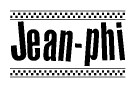 The image is a black and white clipart of the text Jean-phi in a bold, italicized font. The text is bordered by a dotted line on the top and bottom, and there are checkered flags positioned at both ends of the text, usually associated with racing or finishing lines.
