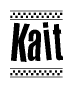 The image is a black and white clipart of the text Kait in a bold, italicized font. The text is bordered by a dotted line on the top and bottom, and there are checkered flags positioned at both ends of the text, usually associated with racing or finishing lines.