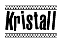 The image is a black and white clipart of the text Kristall in a bold, italicized font. The text is bordered by a dotted line on the top and bottom, and there are checkered flags positioned at both ends of the text, usually associated with racing or finishing lines.