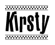 The clipart image displays the text Kirsty in a bold, stylized font. It is enclosed in a rectangular border with a checkerboard pattern running below and above the text, similar to a finish line in racing. 