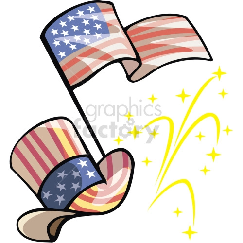 The image features a stylized American flag, waving as if in the breeze, paired with a top hat that also sports the American flag design. The hat appears to be tipping or in motion, adding a dynamic feel to the image. Surrounding these main elements are small yellow stars and a few yellow streaks that suggest the sparkle and burst of fireworks.