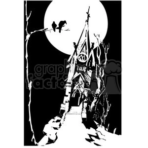The clipart image features a haunted house or possibly a church with Gothic architecture, standing atop a hill or flight of stairs. Dead trees flank the structure, adding to the spooky ambiance. A full moon illuminates the scene in the background, and two crows are perched ominously on a branch to the left, silhouetted against the moonlight. The image is highly contrasted in black and white, creating a stark and eerie atmosphere appropriate for Halloween or horror-themed visuals.
