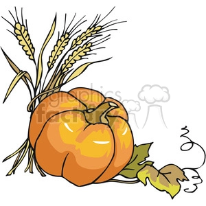 The clipart image depicts a ripe orange pumpkin with its curved stem and a couple of green leaves attached. Beside the pumpkin, there is a sheaf of golden wheat tied together, suggesting a harvest theme.