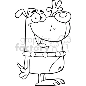 The image is a black and white line drawing of a comic style dog. The dog appears to be standing upright on two feet, with one hand raised and a goofy expression on its face. It has large, exaggerated eyes, an open smiling mouth, and a collar around its neck with visible tags or decorations.