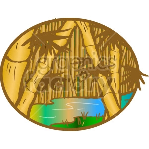 This clipart image depicts a stylized tropical bamboo forest. There is a collection of bamboo stalks with leaves, in various shades of yellow and brown, dominating the scene. At the lower portion of the image, there's a small water body that appears to be a river or a pond with a green edge suggesting grass or shrubbery.