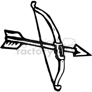 This clipart image features a simple black and white illustration of a bow and a single arrow. The bow appears to be in a drawn position, with the arrow notched and ready to be fired.