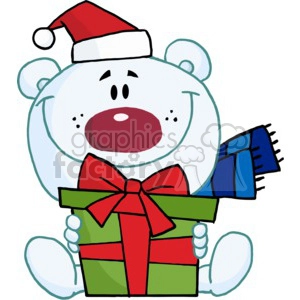 teddy bear holding a Christmas present wearing a Santa Hat