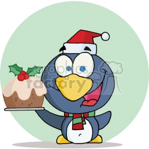 penguin holding up a fruit cake with holly on top