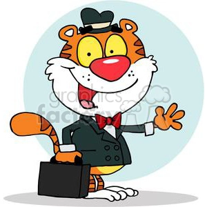 The clipart image shows an anthropomorphic orange tiger wearing a formal outfit. It features a tiger with a happy expression, wearing a black top hat, a bow tie, and a suit with tails. The character is also holding a briefcase in one paw and gesturing a greeting or farewell with the other.
