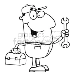 The clipart image features a cartoon-style character depicted as a mechanic or handyman. The character is smiling widely and wearing a cap. The character is holding a wrench in one hand and a tool bag in the other hand. It is wearing a belt and trousers, and shoes that look like sneakers.
 