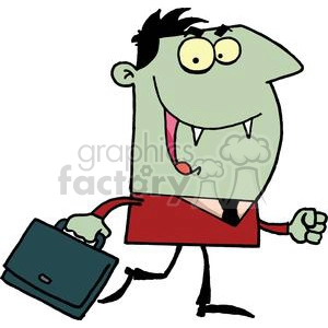 The image depicts a comical and whimsical representation of a vampire character. The vampire has green skin, large yellow eyes, and the signature fangs. It is wearing a red garment with a black and white V neckline that resembles a typical vampire cape or outfit. Additionally, the vampire is carrying a briefcase, suggesting that it could be a play on the idea of a working professional who also happens to be a vampire.