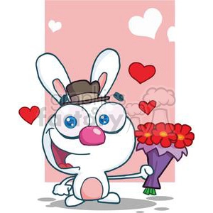 A Cute White Bunny With Bouquet Of Red Flowers