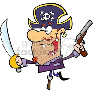 Cartoon Pirate Brandishing Sword and Gun on Peg Leg