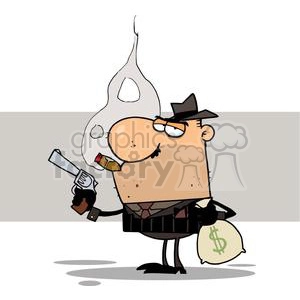 This is a clipart image of a cartoon character styled as a classic gangster or mobster. The character is depicted with a large, bulbous nose and a pronounced frown. He's wearing a black fedora hat and a pinstripe suit with a tie and white shirt, which is a stereotypical outfit for mobsters in popular culture. The character is smoking a cigar, sending up a thin wisp of smoke, and holding a revolver in his hand. Additionally, the character has a money bag with a dollar sign on it slung over his shoulder, indicating that he might have stolen money or is involved in some sort of criminal financial activity. 