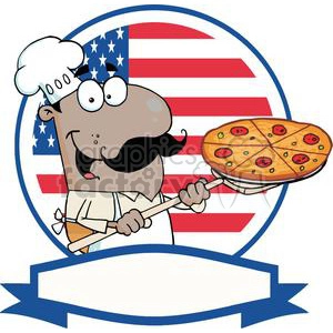 Banner of A Proud African American Cook Inserting A Pepperoni Pizza In Front Of Flag Of USA