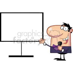 The clipart image features a cartoon of a cheerful man giving a presentation. He is holding a microphone in one hand, gesturing towards a large blank presentation board or chart with his other hand. He is dressed in semi-formal attire with a bowtie and is smiling. The chart appears to be on a stand and has no data visible on it, providing a generic backdrop for a multitude of possible business or educational scenarios.