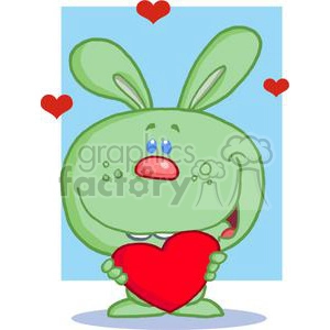 The image depicts a cartoon-style, funny Easter bunny holding a red heart. The bunny has an exaggerated, cute facial expression with large eyes and an open mouth, showing an expression of love or affection. The background is simple with some smaller red hearts floating, and the primary colors are bright and engaging, typical for clipart meant to appeal to children or for use in festive decorations.